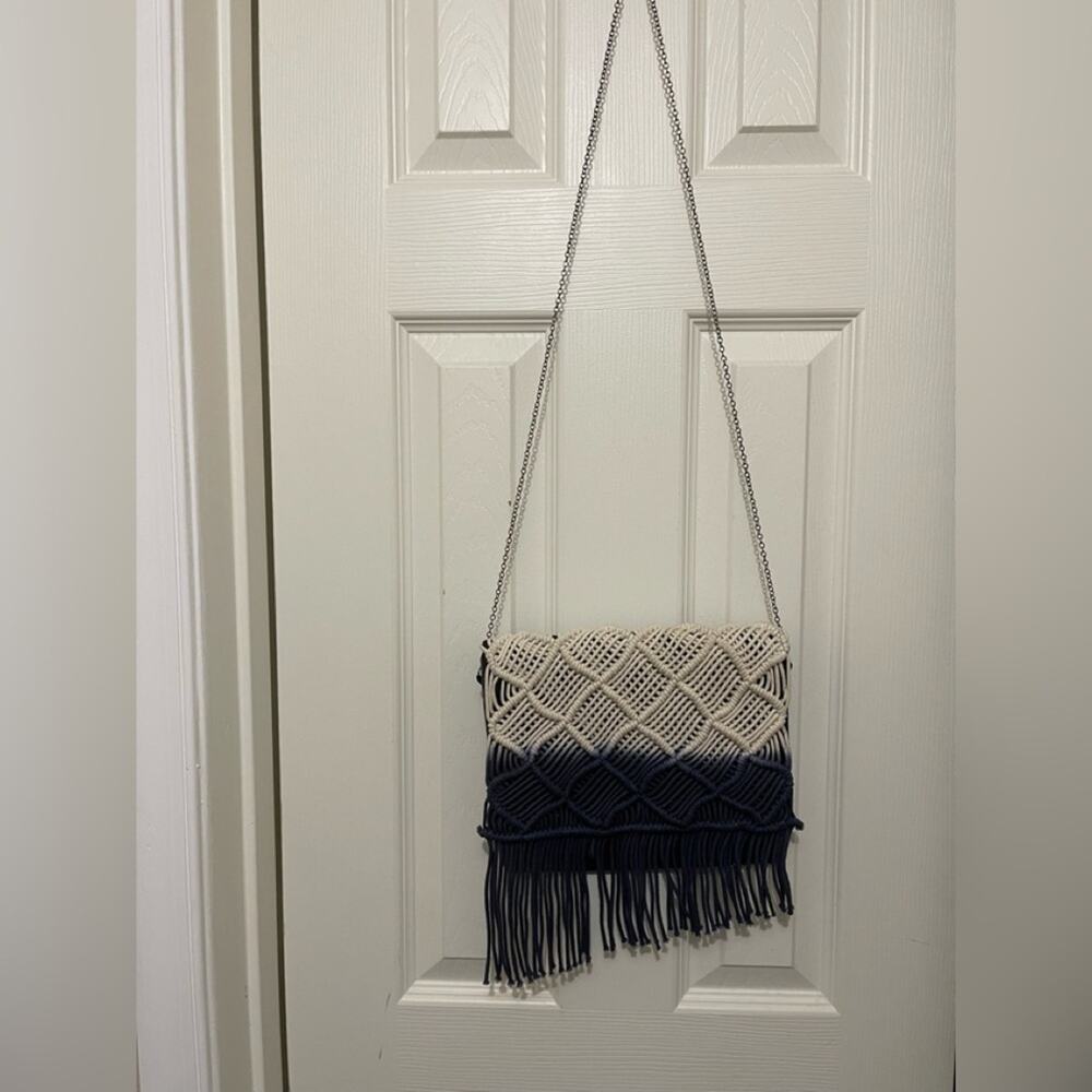 Cream Blue Boho Crochet Knit Fringe Chain Western Cowgirl Handbag